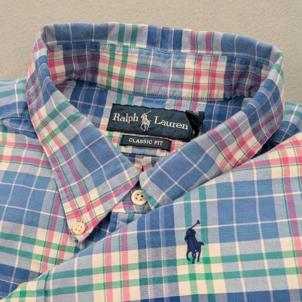 Ralph Lauren Shirt Mens‎ XL Blue Pink Green Plaid Classic Fit Short Sleeve